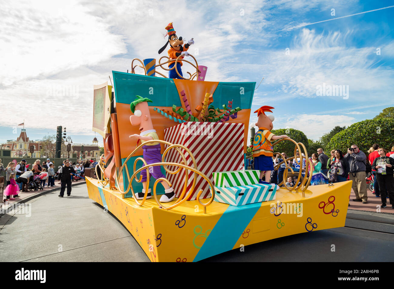 Orlando Florida,USA-December 11,2014:Disney main character Goofy Surprise Celebration parade on Main Street in Magic Kingdom at Walt Disney World. Stock Photo