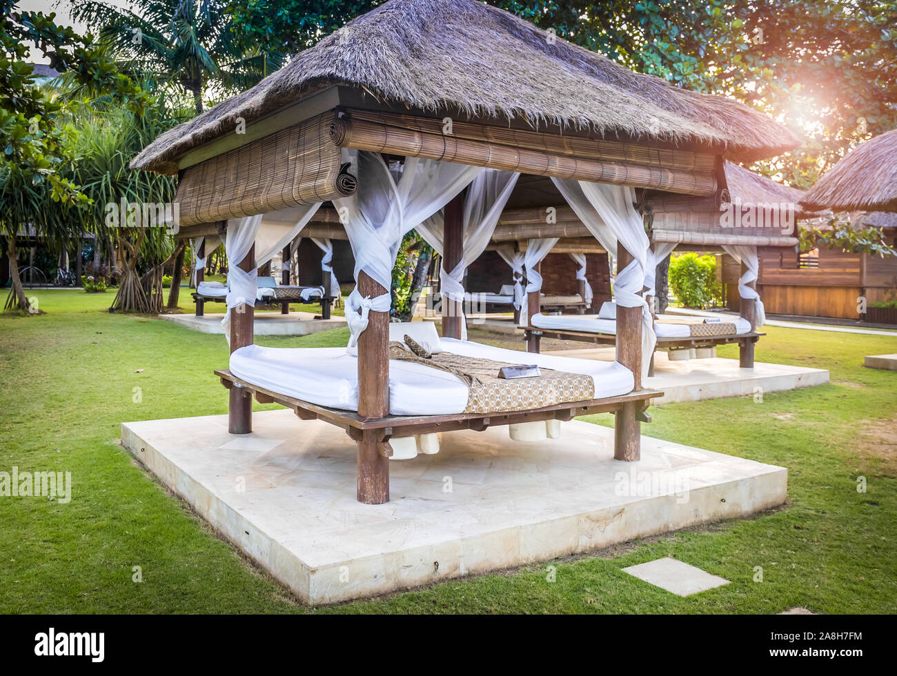 Balinese relaxation hut at Nusa Dua shore, Indonesia Stock Photo