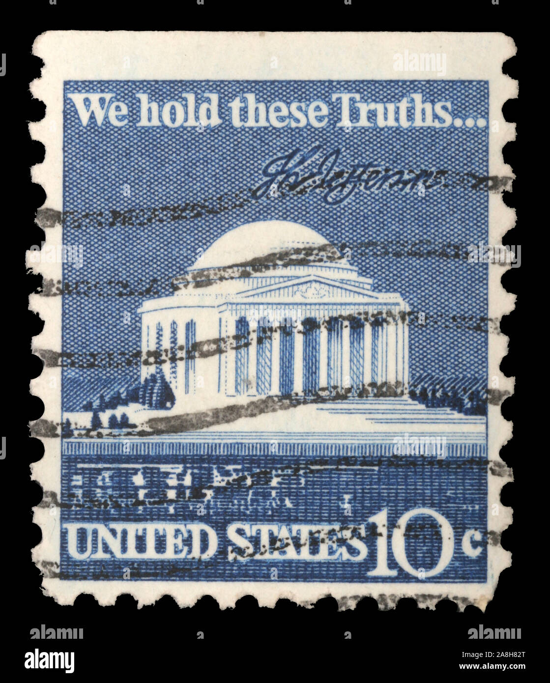 Stamp printed in USA shows Thomas Jefferson Memorial and Signature, circa 1973 Stock Photo