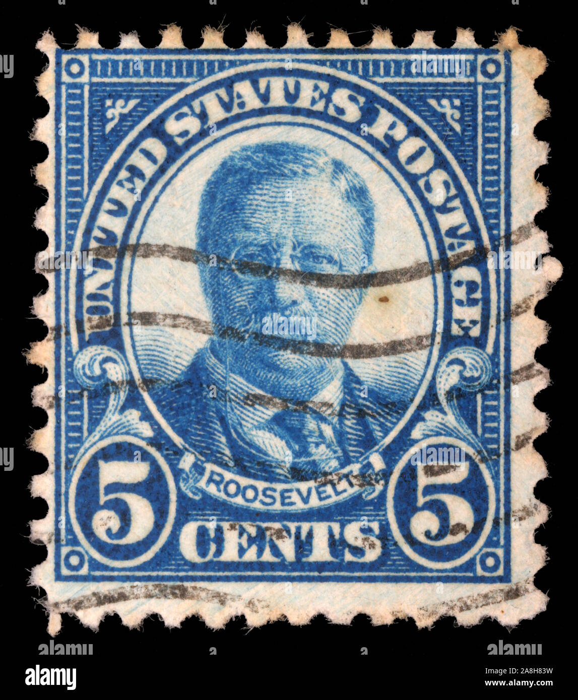Stamp printed in the USA shows image of President Theodore Roosvelt, circa 1905 Stock Photo