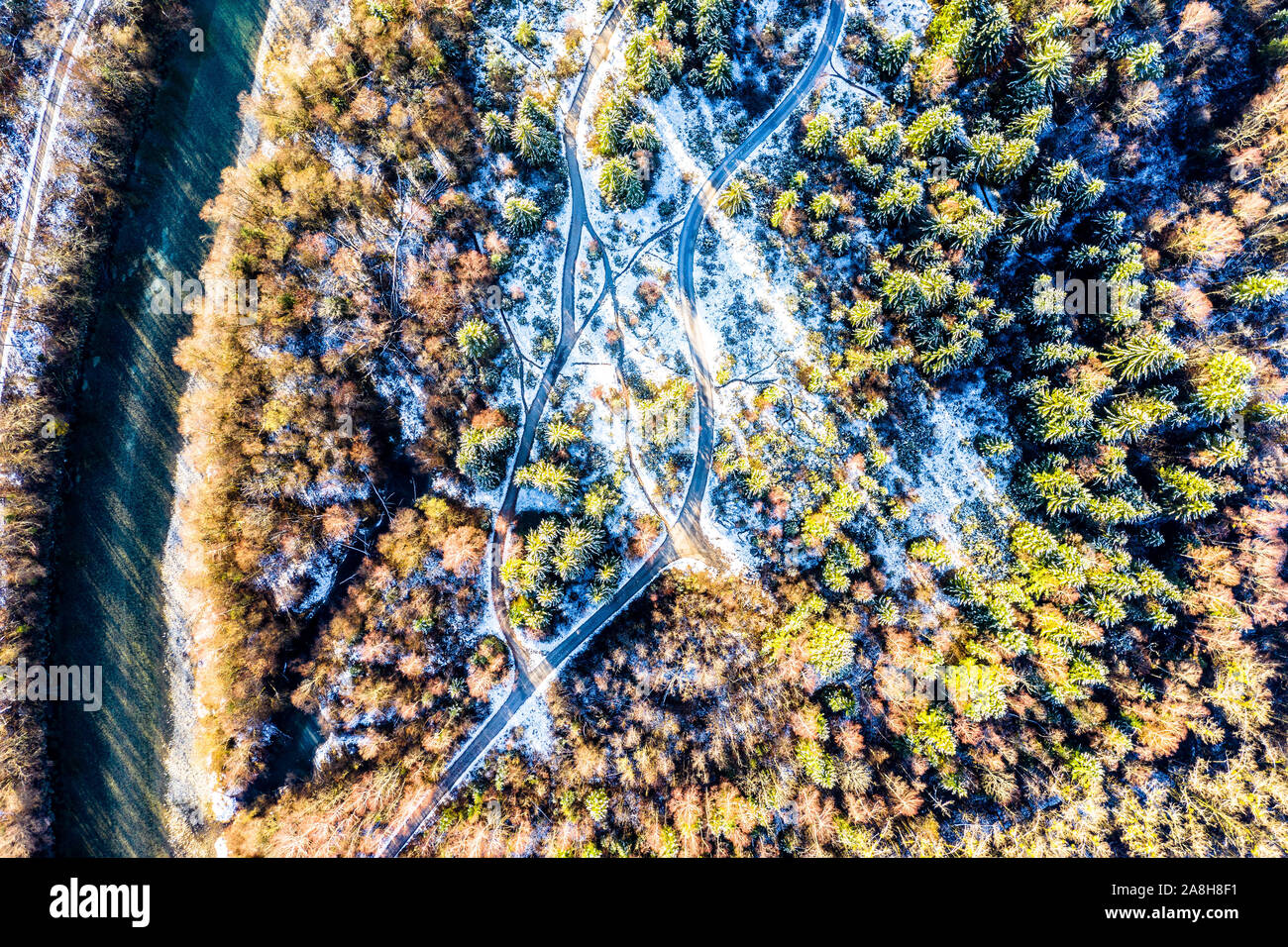 Aerial Drone Photography of a River and Forest in Winter Bavaria Isar Brauneck Alps Stock Photo