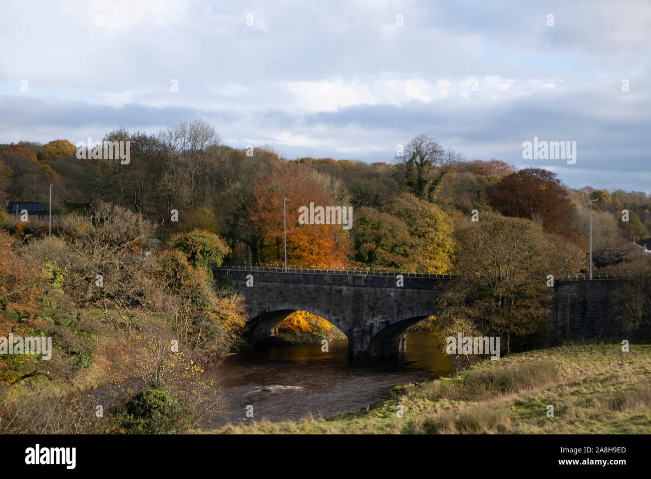Autumn turns to winter in Lancashire, UK. Fall colours on the River Calder at Cock Bridge, the border between Hyndburn and Ribble Valley, Great Harwoo Stock Photo
