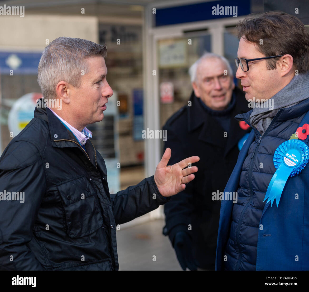 Brentwood Essex UK 9th Nov 2019 General Election, Alex Burghart, conservative candidate  for Brentwood and Ongar constitunecy and former Private Parliamentary Secretary to Boris Johnson, out campaigning with his team in Brentwood Essex UK  Michael Bond, Headmaster of Brentwood School (left) talks to Alex Burghart (Right) Credit Ian DavidsonAlamy Live News Stock Photo