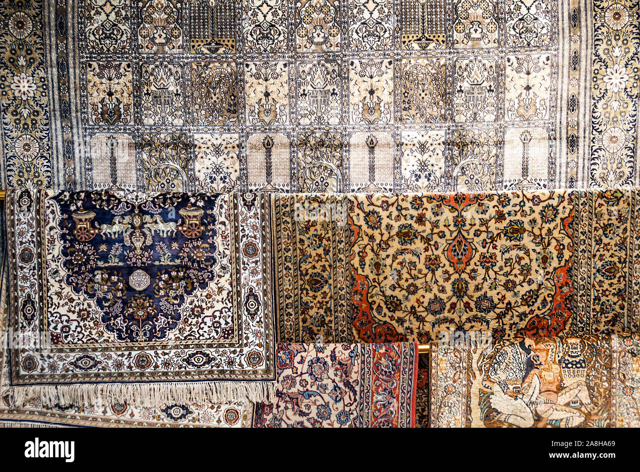 Texture of carpets in an Amman shop, the capital of Jordan Stock Photo