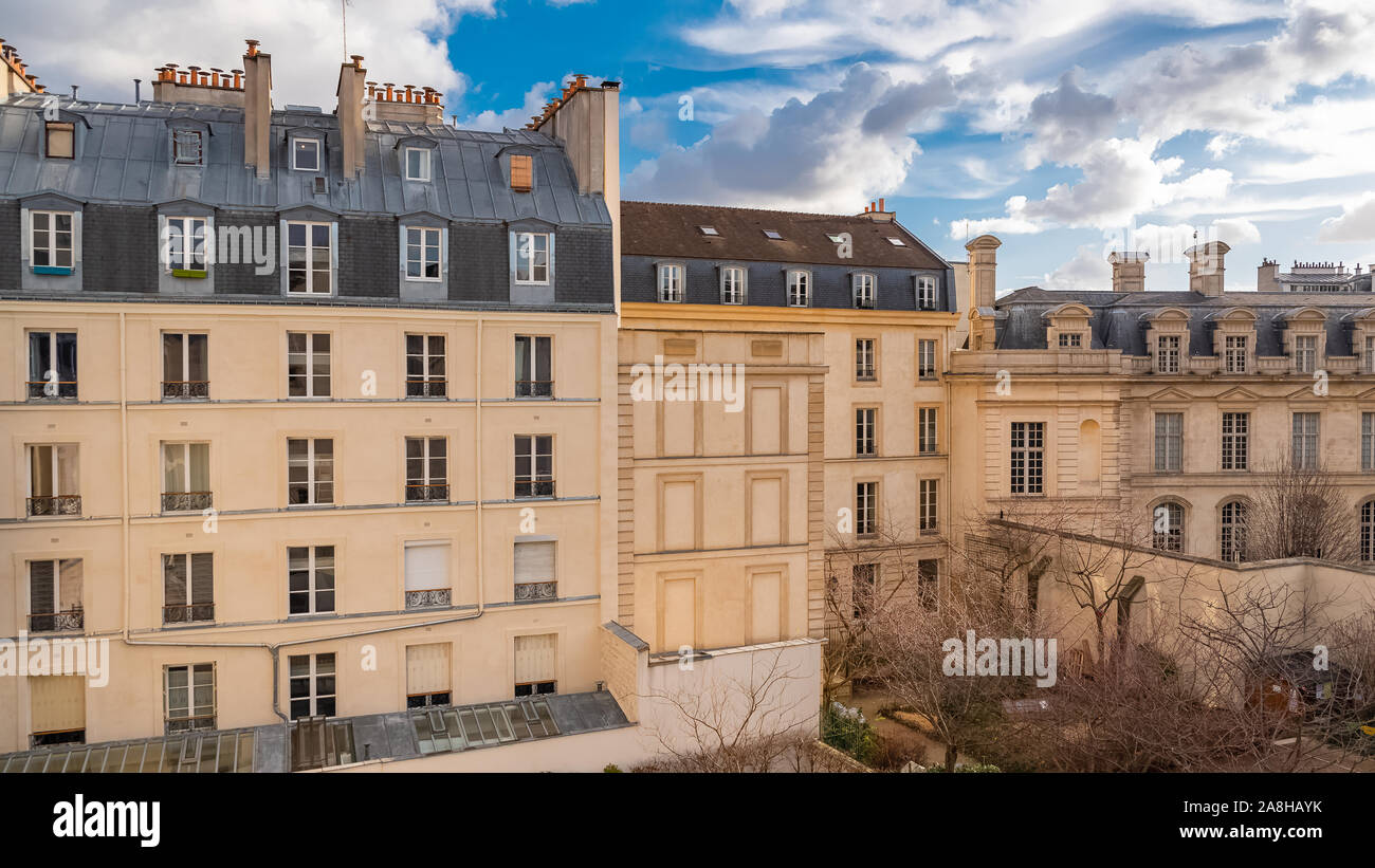 Paris, typical buildings in Montmartre, beautiful facades Stock Photo