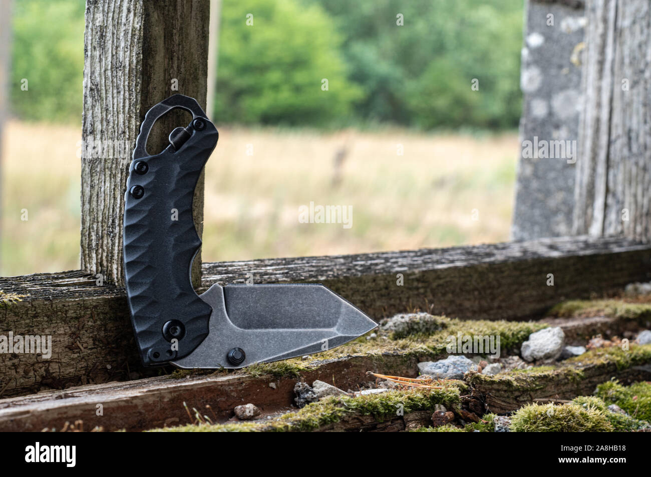 A small pocket knife in a bent position. The knife is in a semifolded