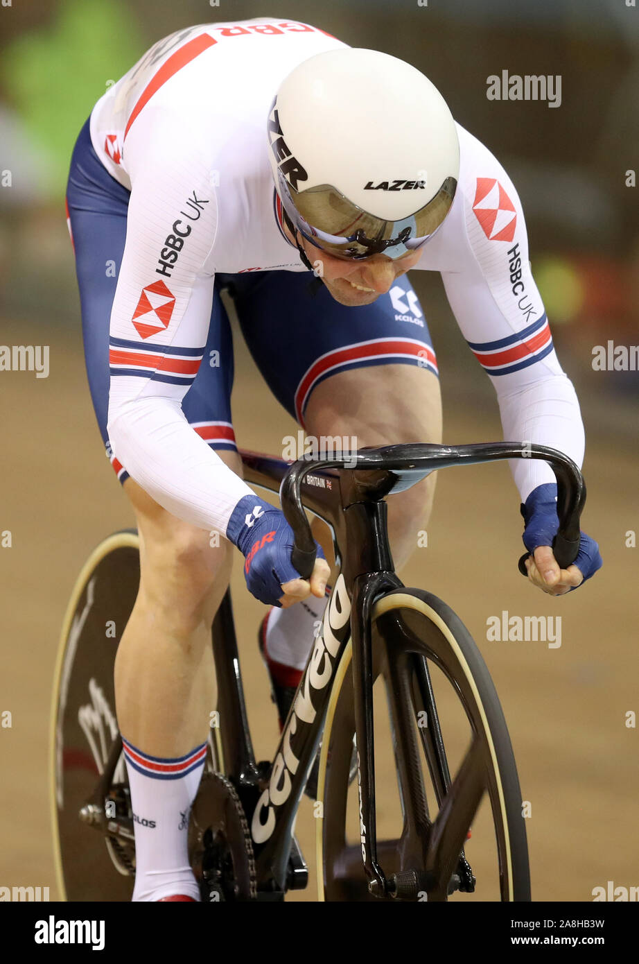 Great Britain's Jason Kenny in the 1/8 Finals of the Men's Sprint during day two of the UCI Track Cycling World Cup at the Sir Chris Hoy Velodrome, Glasgow. Stock Photo