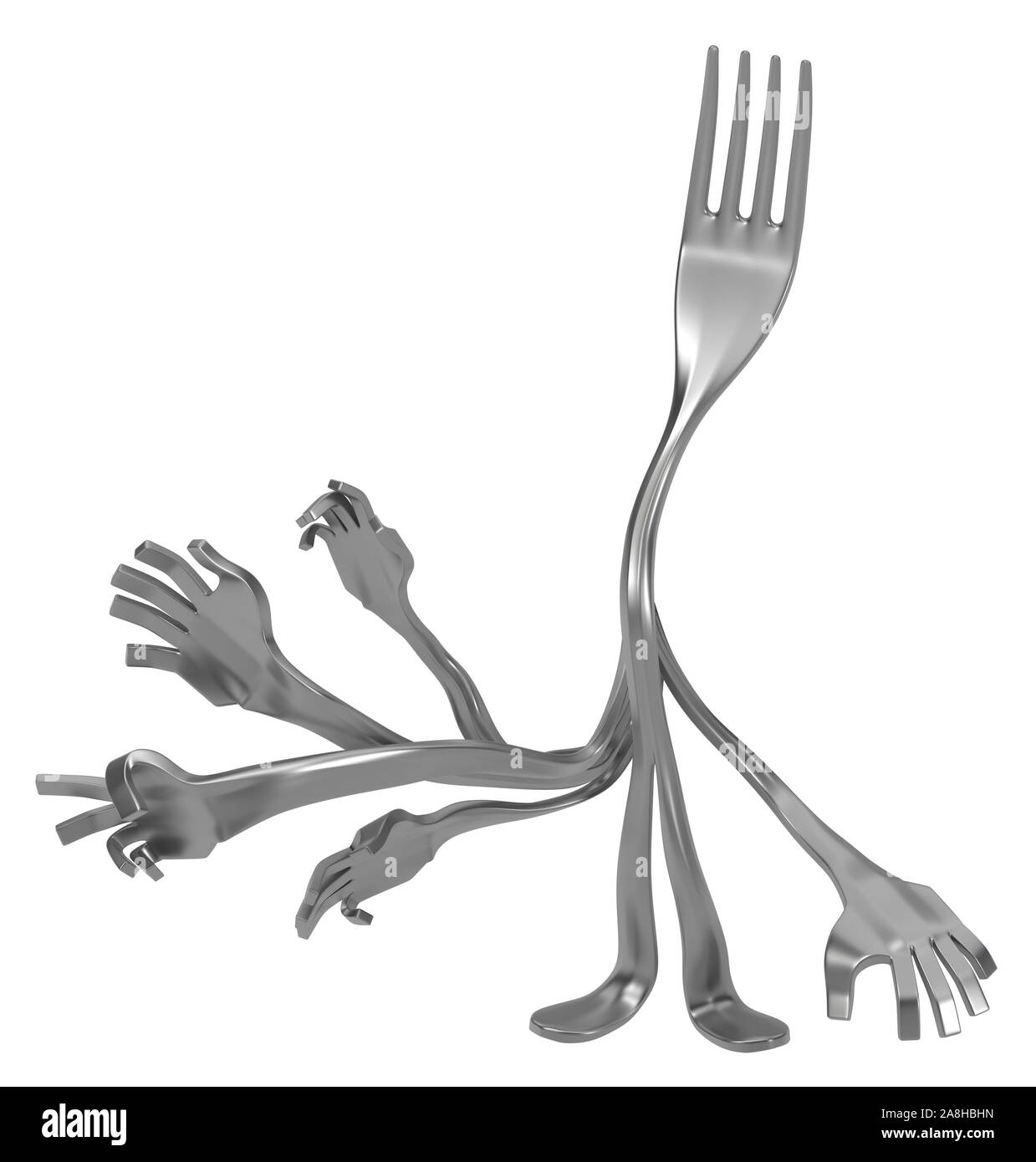 Fork cartoon character metal, split many arms pose, 3d illustration