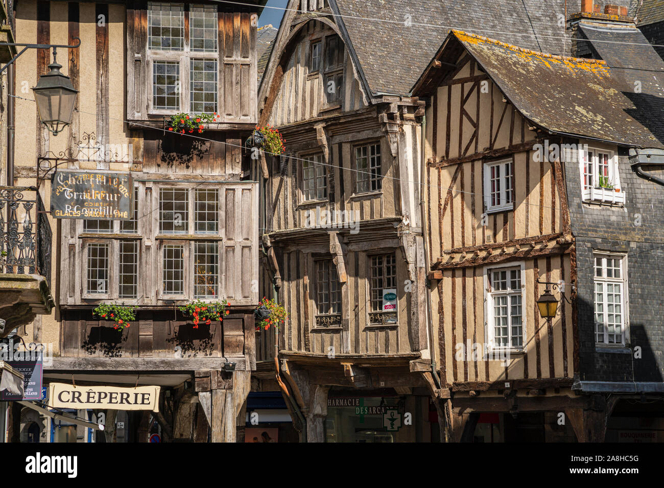 Medieval half-timbered buildings in Dinan, Brittany, France Stock Photo