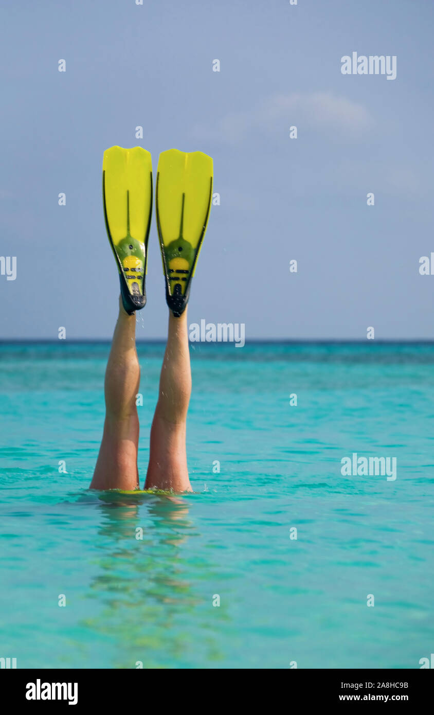 Malediven, Tauchen im Urlaub, Beine und Schwimmflossen schauen aus dem Wasser Stock Photo
