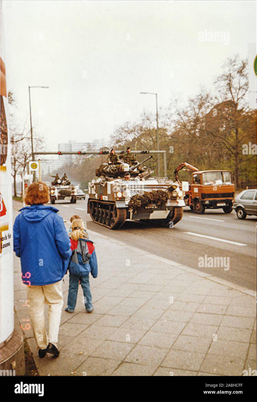 Michael Scott/Alamy Live News - Berlin, Germany April 1990 - British Army tanks roll through West Berlin in April 1990 just months after the Berlin Wall fell in 1989. Stock Photo