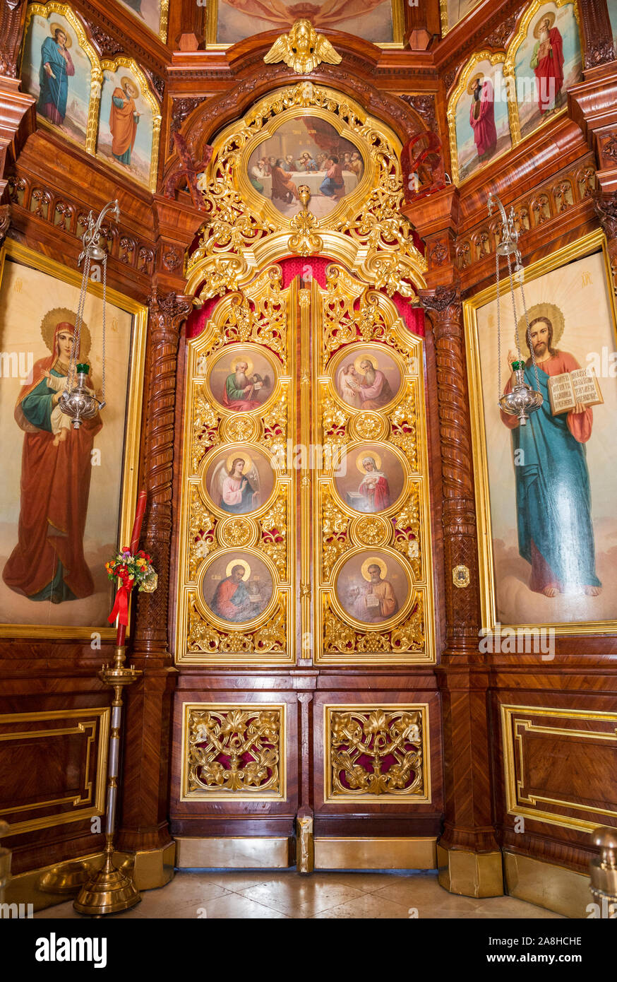 SERGIEV POSAD, MOSCOW REGION, RUSSIA - MAY 10, 2018: Trinity Lavra of St. Sergius, interior of the Church of the Descent of the Holy Spirit. Sanctuary Stock Photo