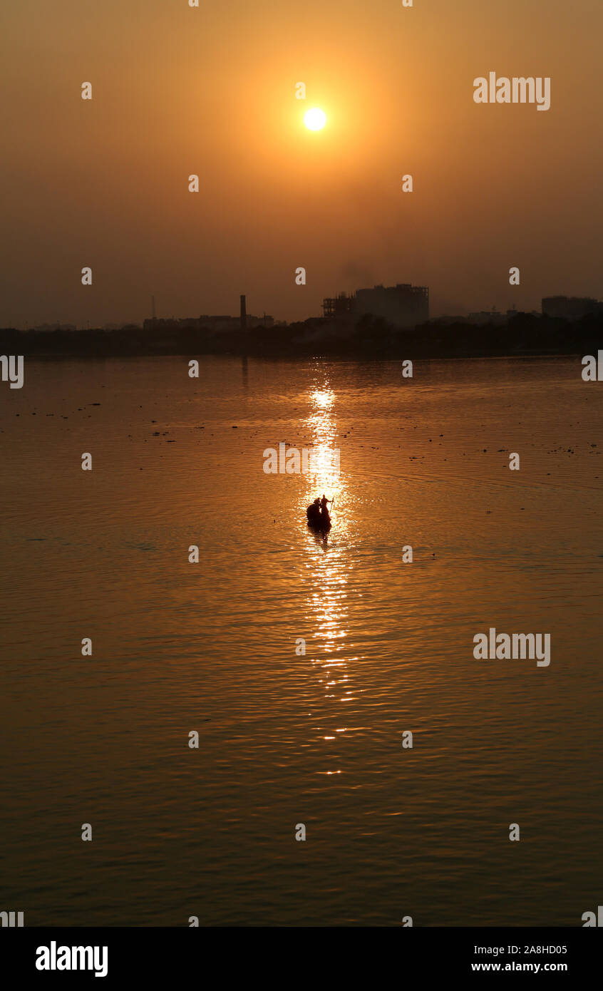 A boat crossing the Hoogly river in Kolkata Stock Photo