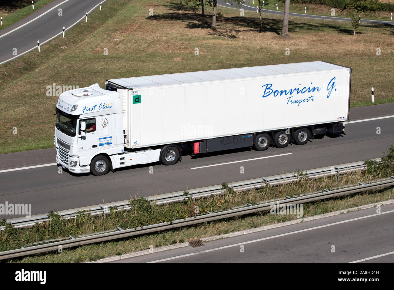 Bonricin DAF truck with temperature controlled trailer on motorway. Stock Photo