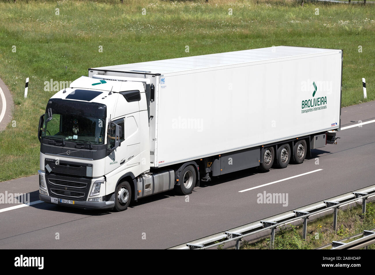 Broliveira Volvo truck with temperature controlled trailer on motorway. Stock Photo