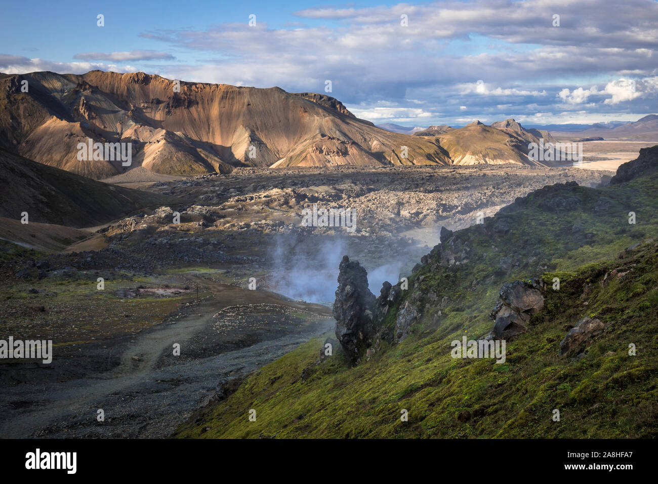 Smoke is rising out of the ground of this geothermal area in Iceland Stock Photo