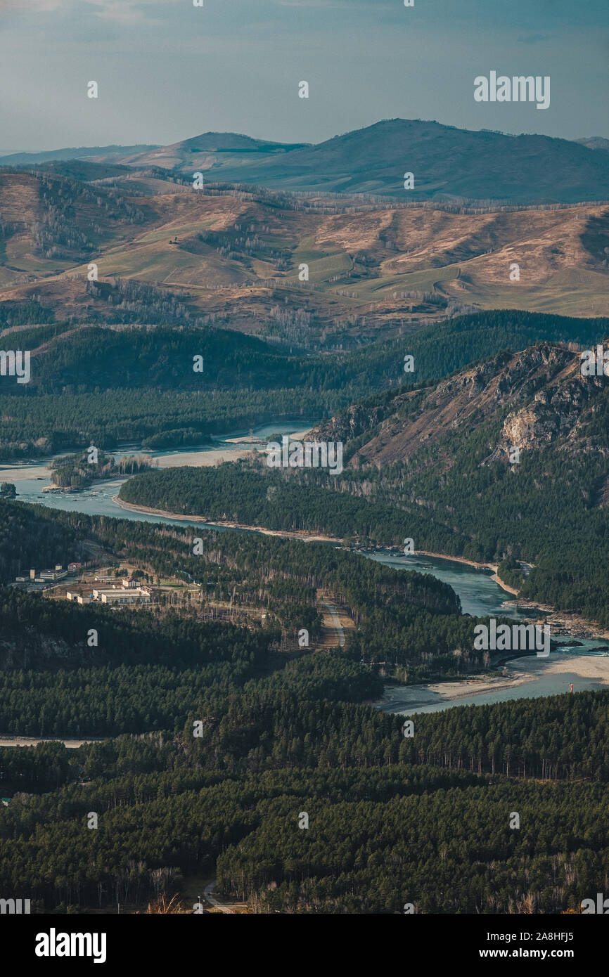 Katun river near Manzherok lake, view from the top of ski lift Stock Photo