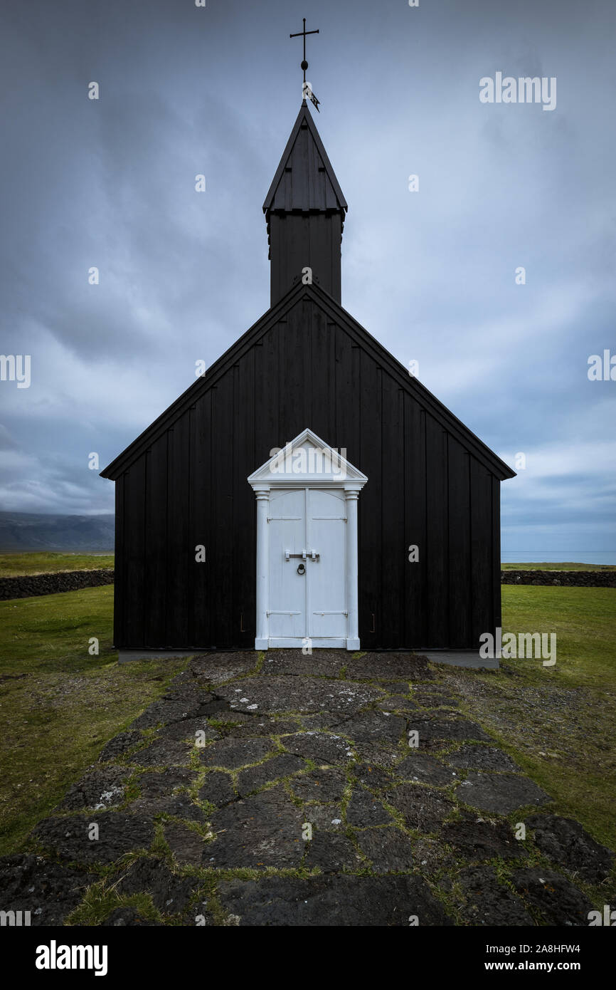 One of icelands wonderful black wooden churches... Stock Photo