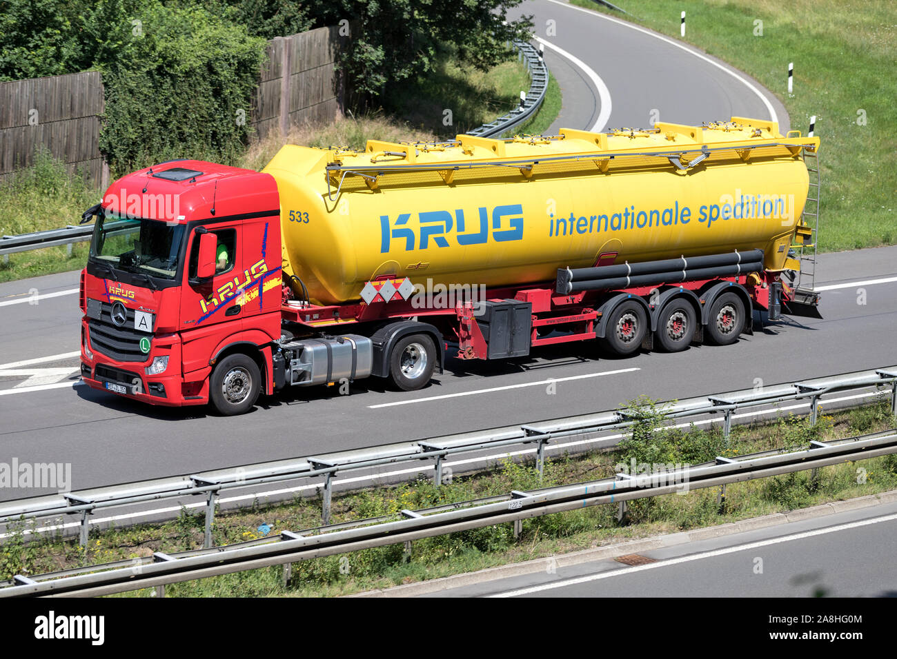 Krug Mercedes-Benz Actros truck with silo trailer on motorway. Stock Photo