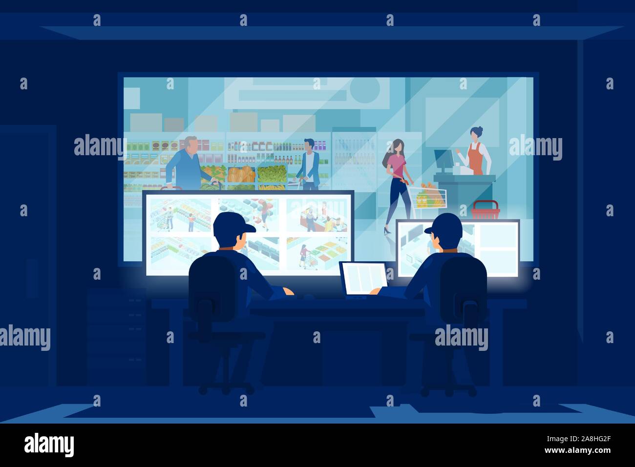Vector of two security men looking at monitors of a surveillance cameras behind the glass window of a supermarket center Stock Vector