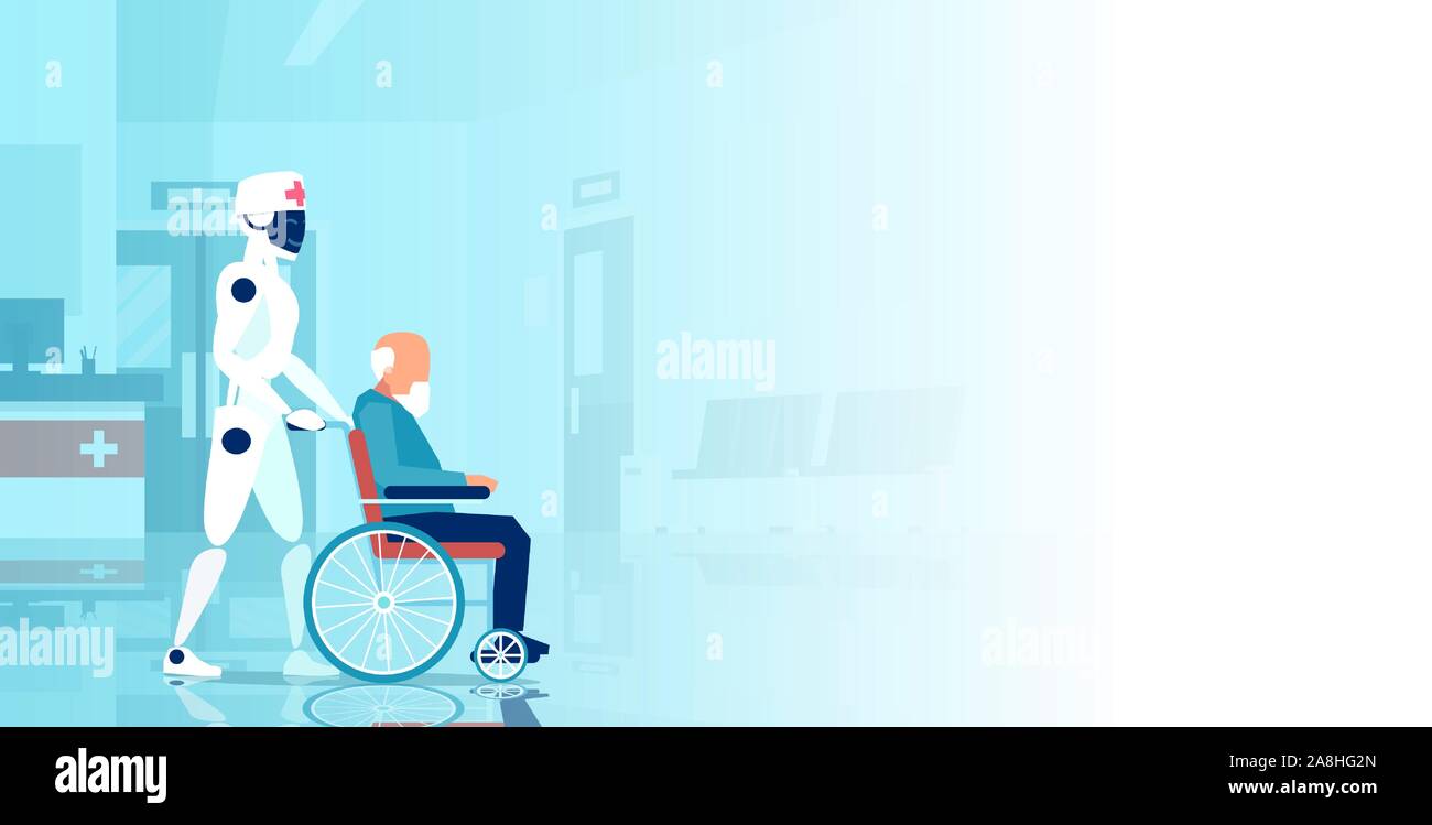 Vector of a robot assisting disabled senior man in a wheelchair in the hospital Stock Vector