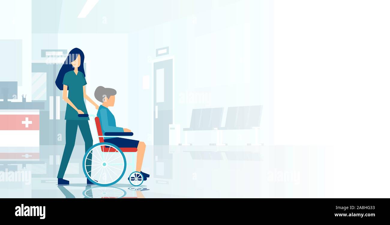 Vector of a medical nurse assisting an elderly woman in a wheelchair. Stock Vector