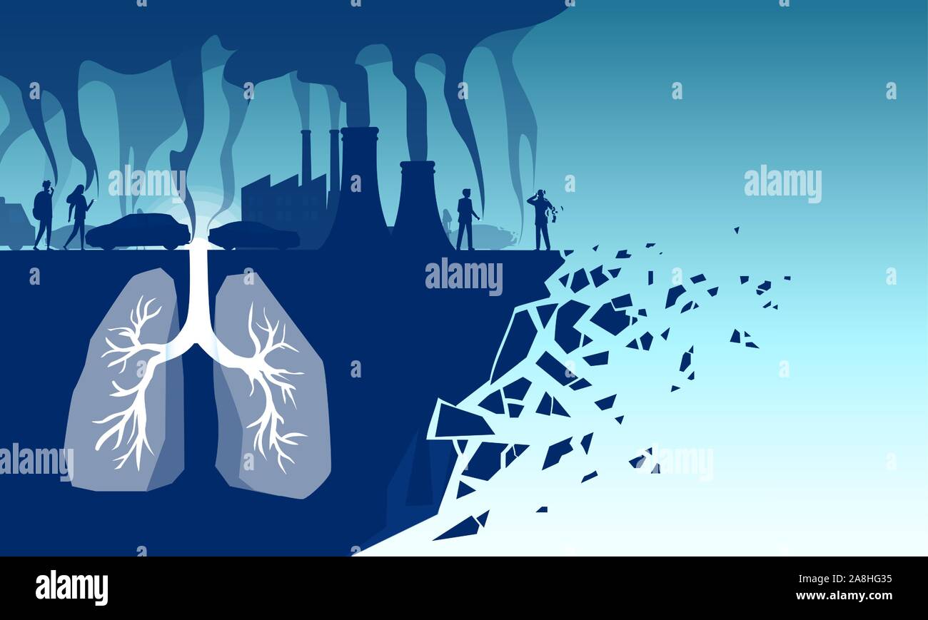 Bad air quality and smoking hazards concept. Vector of human lungs inhaling toxic pollutants, industrial toxins, cigarette smoke and car emissions Stock Vector