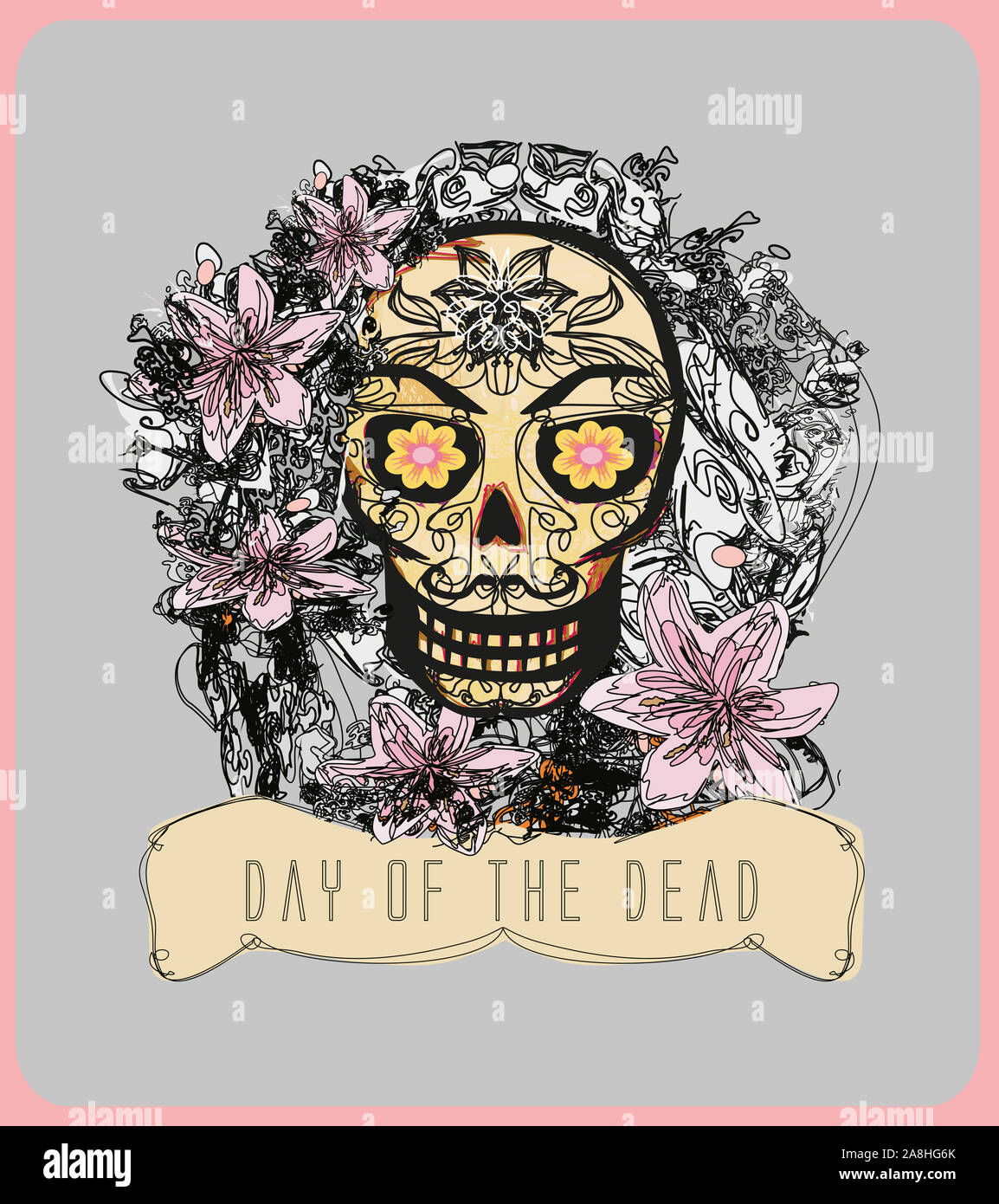 Skull flowers day of the dead abstract card hi-res stock photography ...
