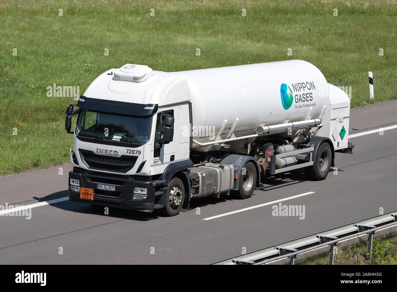 Nippon Gases Iveco Stralis truck on motorway. Stock Photo