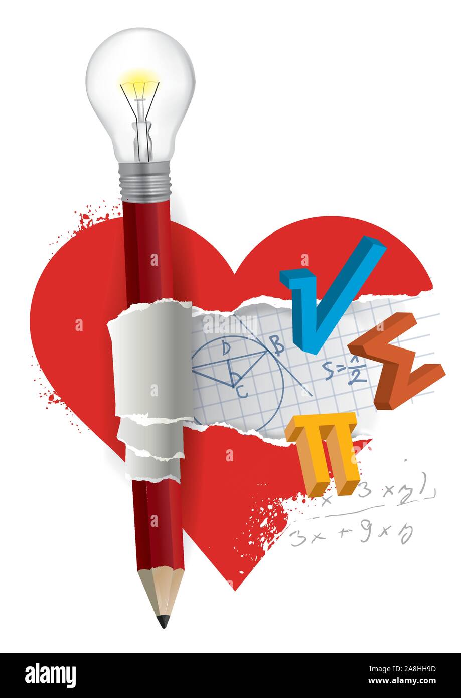 I love mathematics,fun math concept. Mathematics symbols inside the heart symbol with pencil with bulb.  Vector available. Stock Vector