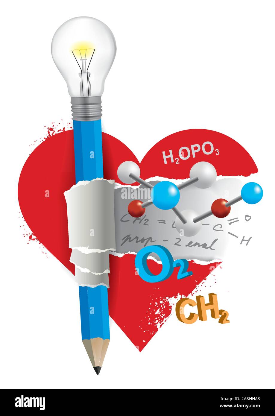 I love chemistry,fun education concept. Chemistry symbols inside the heart symbol with pencil with bulb.  Vector available. Stock Vector