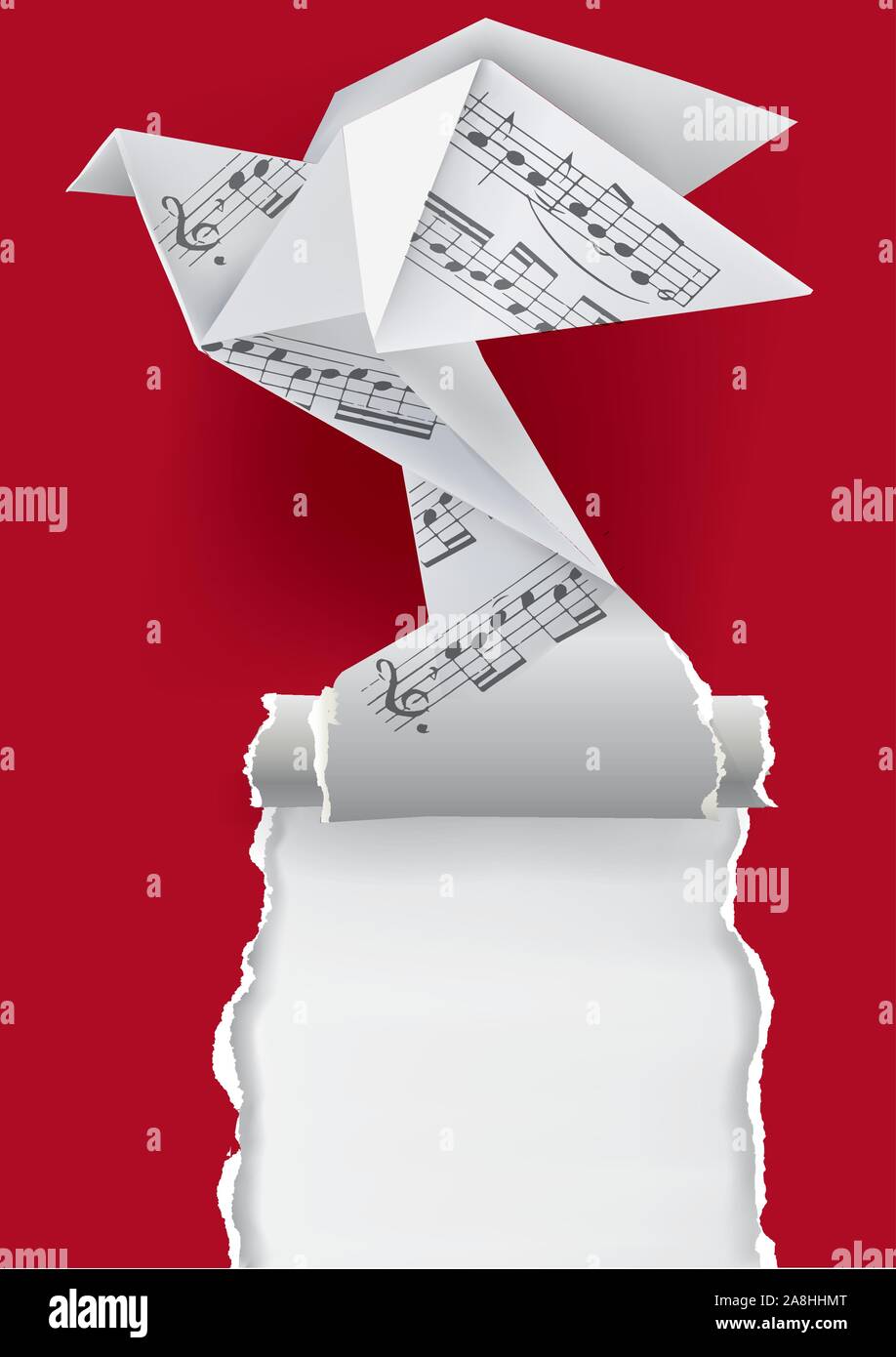 Origami dove with musical notes. Origami paper pigeon with musical notes ripping red paper background. Tamplate for musical poster. Vector available. Stock Vector