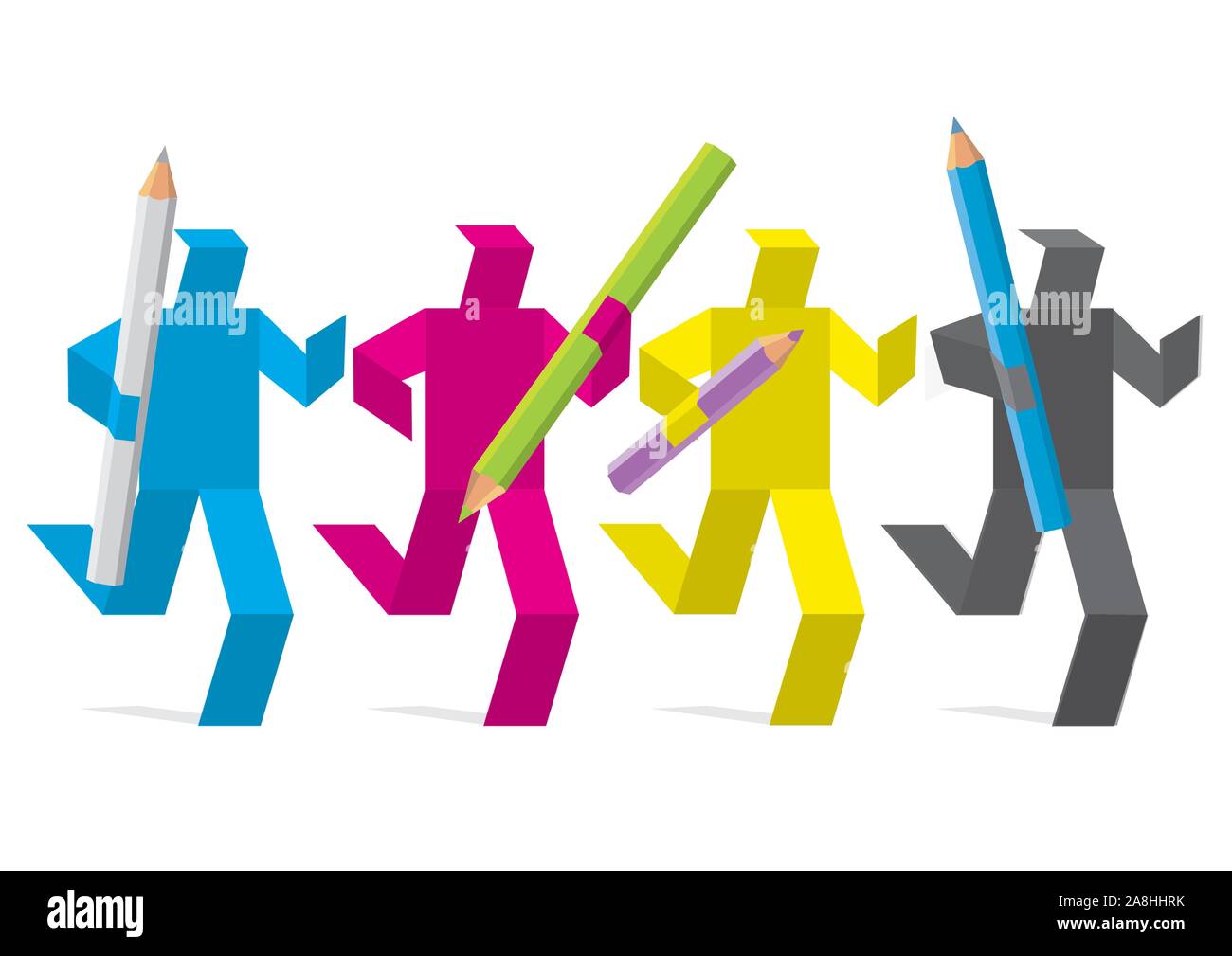 Paper figures colored in print colors, design teamwork concept. Four running colored figures in CMYK color mode with coloured pencils.Vector available Stock Vector