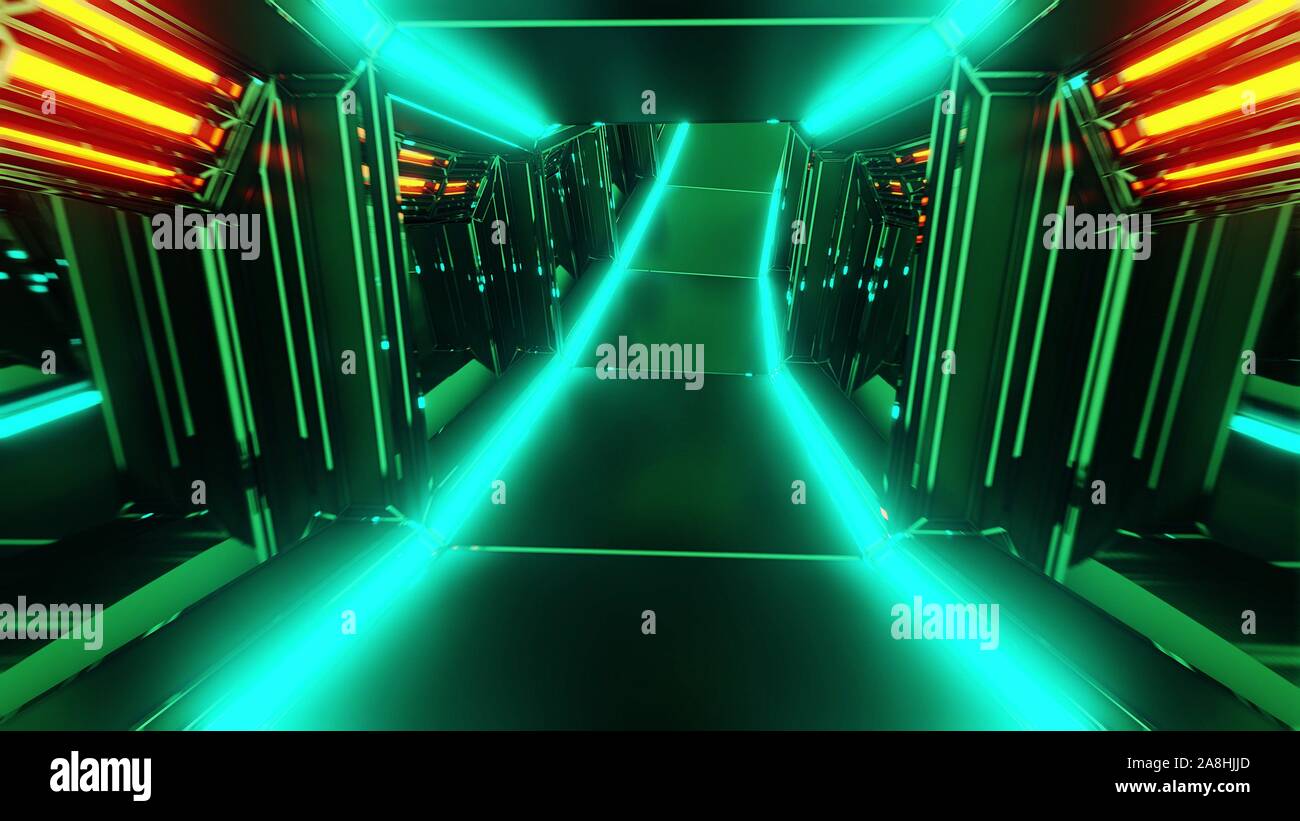 futuristic scifi tunnel corridor 3d illustration with glowing lights ...
