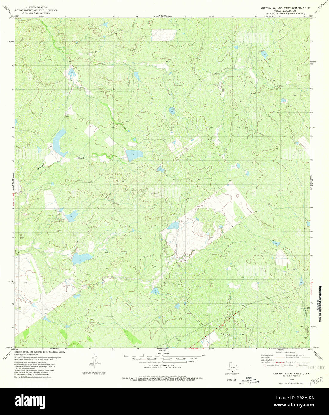 USGS TOPO Map Texas TX Arroyo Salado East 106206 1980 24000 Restoration Stock Photo