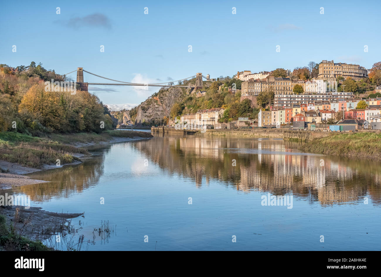 The Clifton Suspension Bridge, Hotwells and the Avon Gorge Looking North from the Leigh Woods side of the River Avon on a Sunny Evening, Bristol, UK Stock Photo