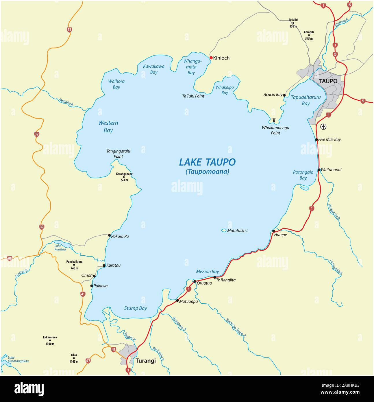 Map of Lake Taupo on the North Island of New Zealand Stock Vector