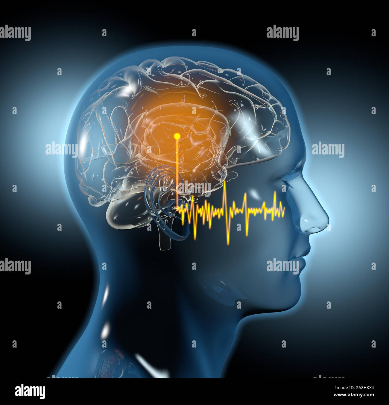 3D illustration showing human ear of a man with sound wave and activated brain Stock Photo