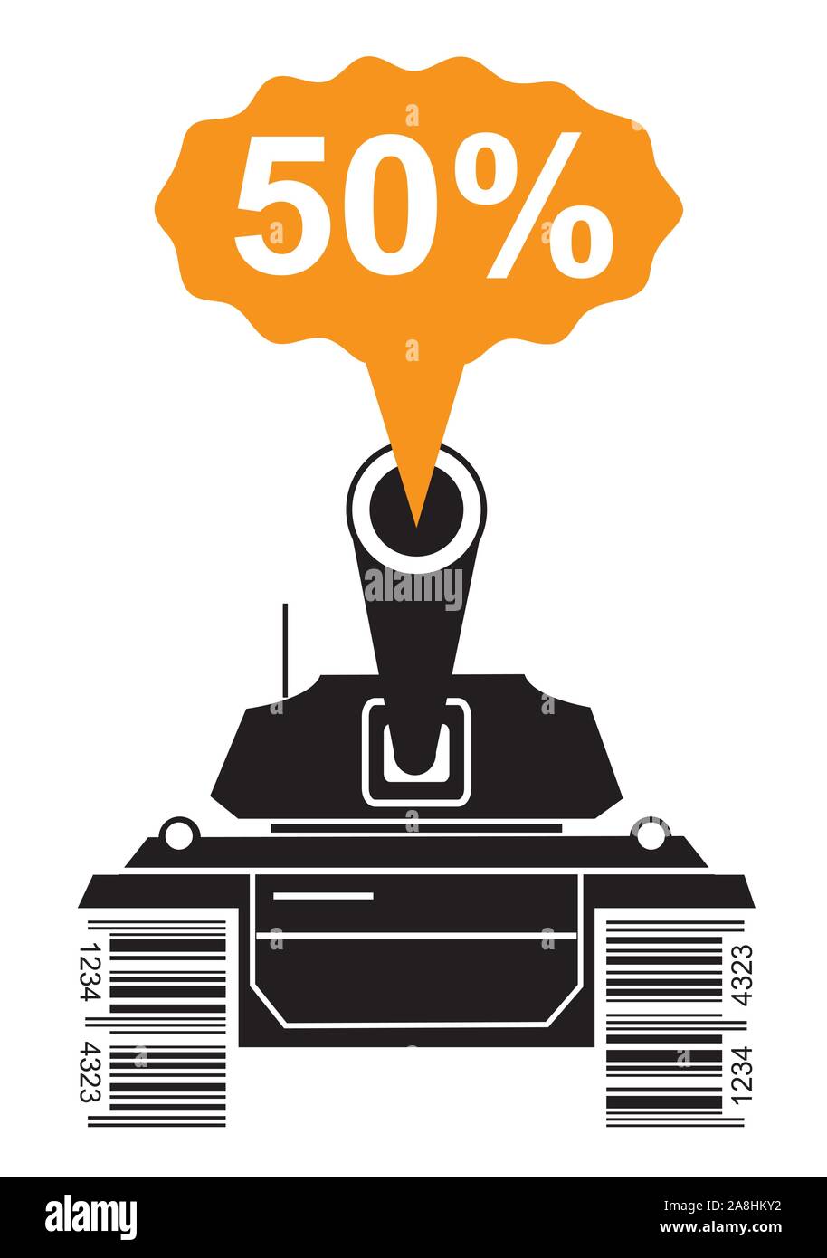 Price War Battle Tank. Black silhouette of battle tank with a bar code