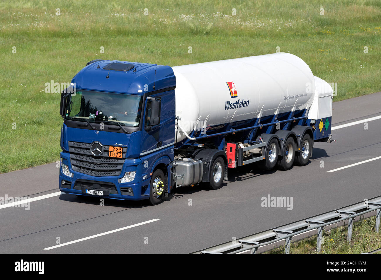 Westfalen Mercedes-Benz Actros truck with gas trailer on motorway. Stock Photo