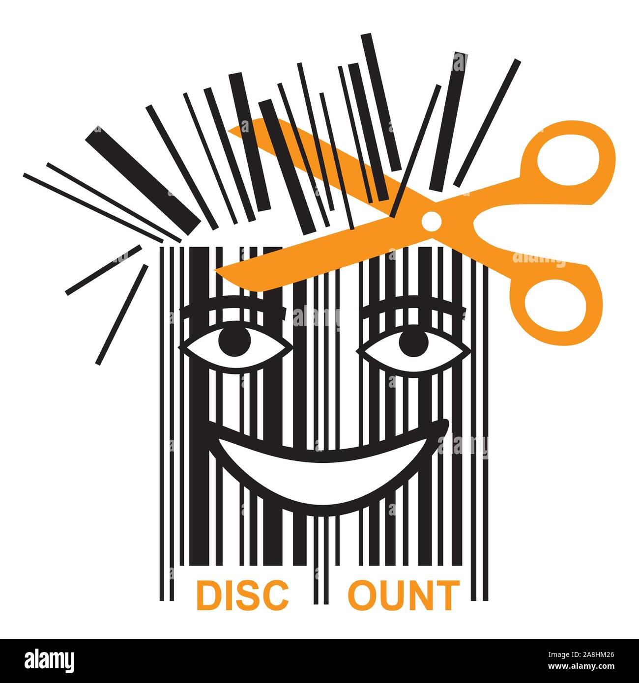 Funny BAR code discount. Scissors shortening bar code mascot, symbol