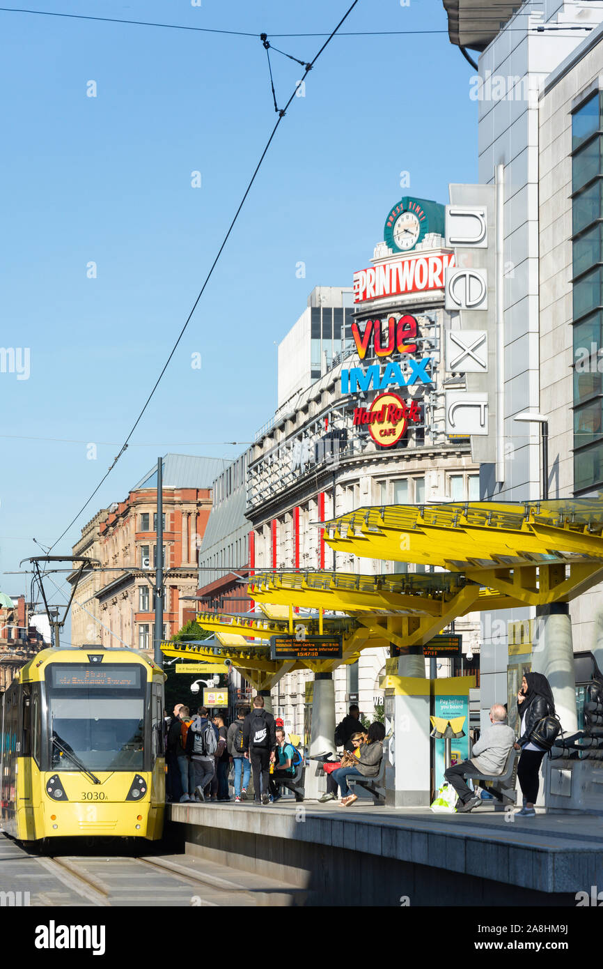 Manchester Metrolink train at Exchange Square Station, Exchange Square, Manchester, Greater Manchester, England, United Kingdom Stock Photo