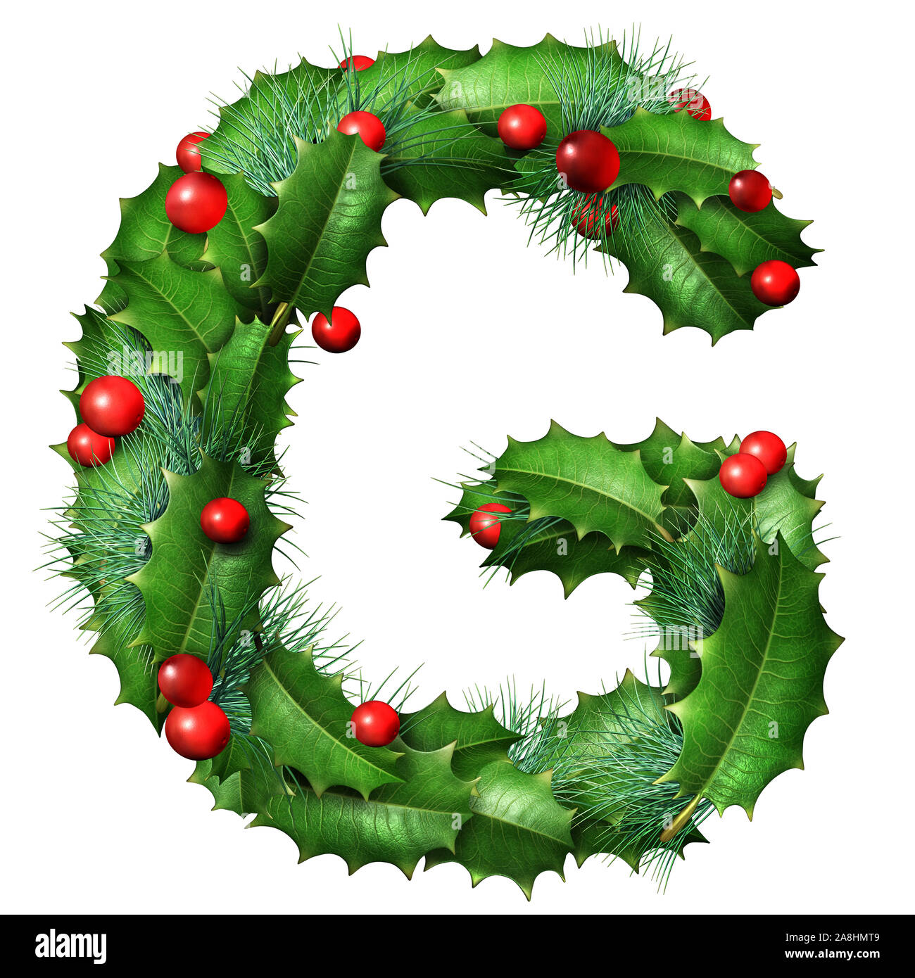 Holiday font letter G as a festive winter season decorated garland as a Christmas  or New Year seasonal alphabet lettering isolated on a white. Stock Photo