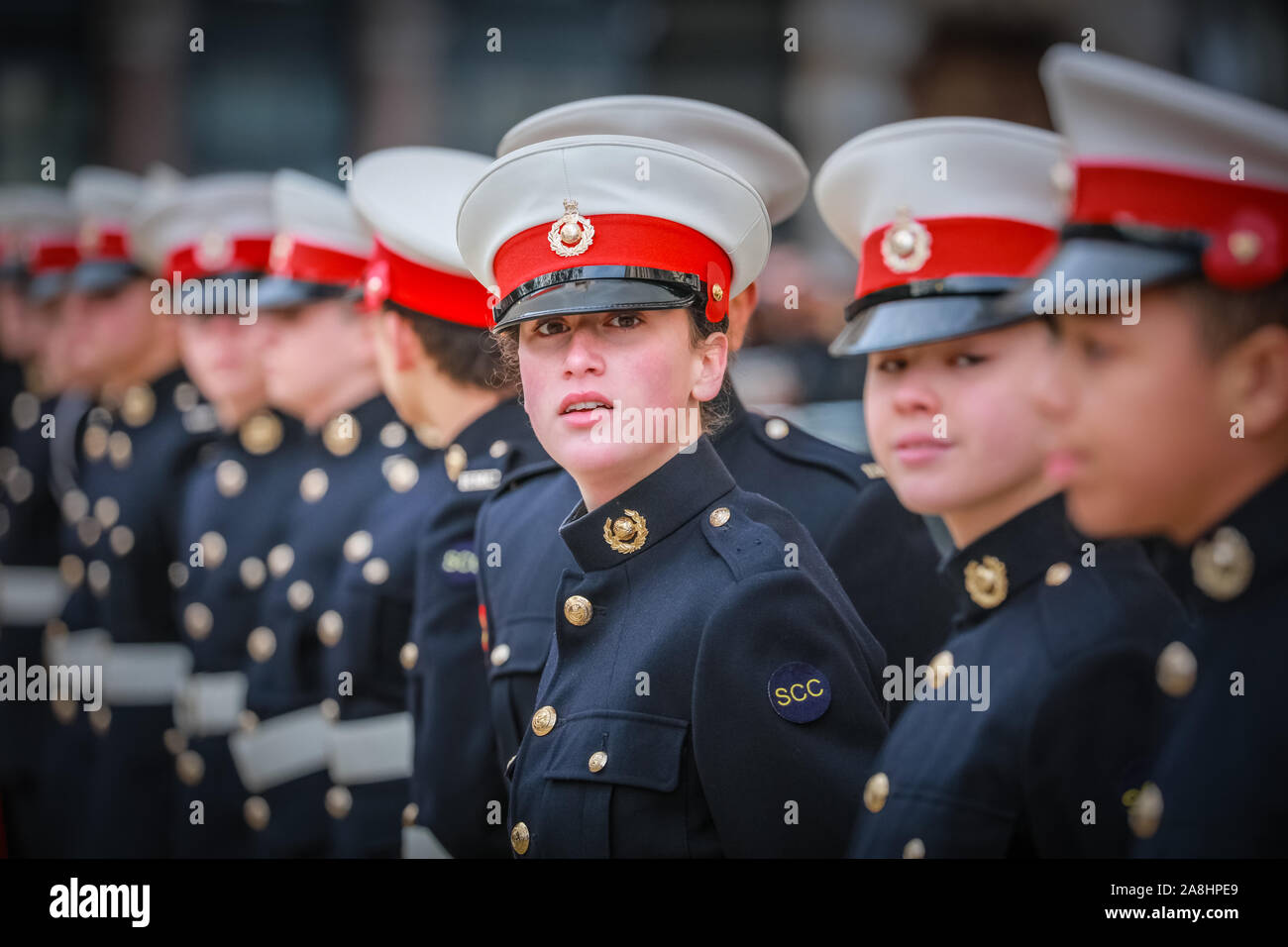 City of London, London, UK, 09th November 2019. Young sea cadets line up on the street at St Paul's Cathedral. The annual Lord Mayor's Show, a parade through the City of London that is 804 years old and this year features over 6000 participants, sees marching bands, military detachments, carriages, dance troupes, inflatables and many others make their way from Mansion House, via St Paul's to the Royal Courts of Justice. Credit: Imageplotter/Alamy Live News Stock Photo