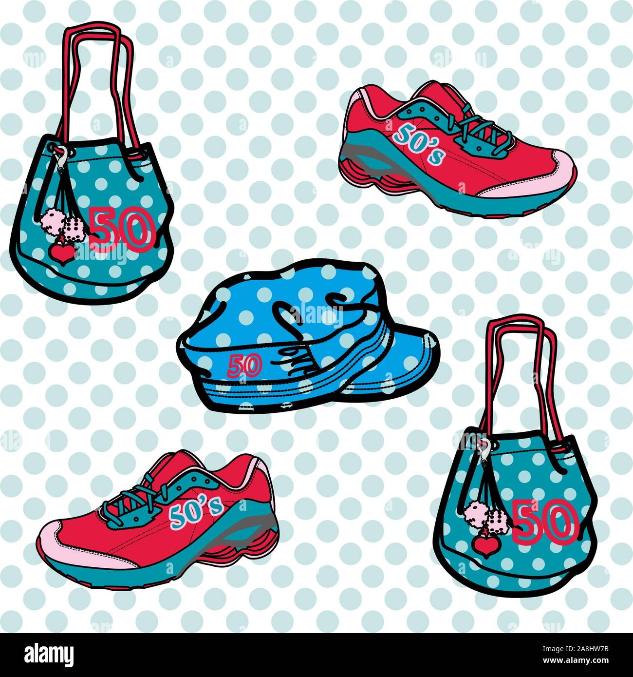 Handbag and sneaker pattern, accessories seamless background. Textile objects.  - Vector Stock Vector