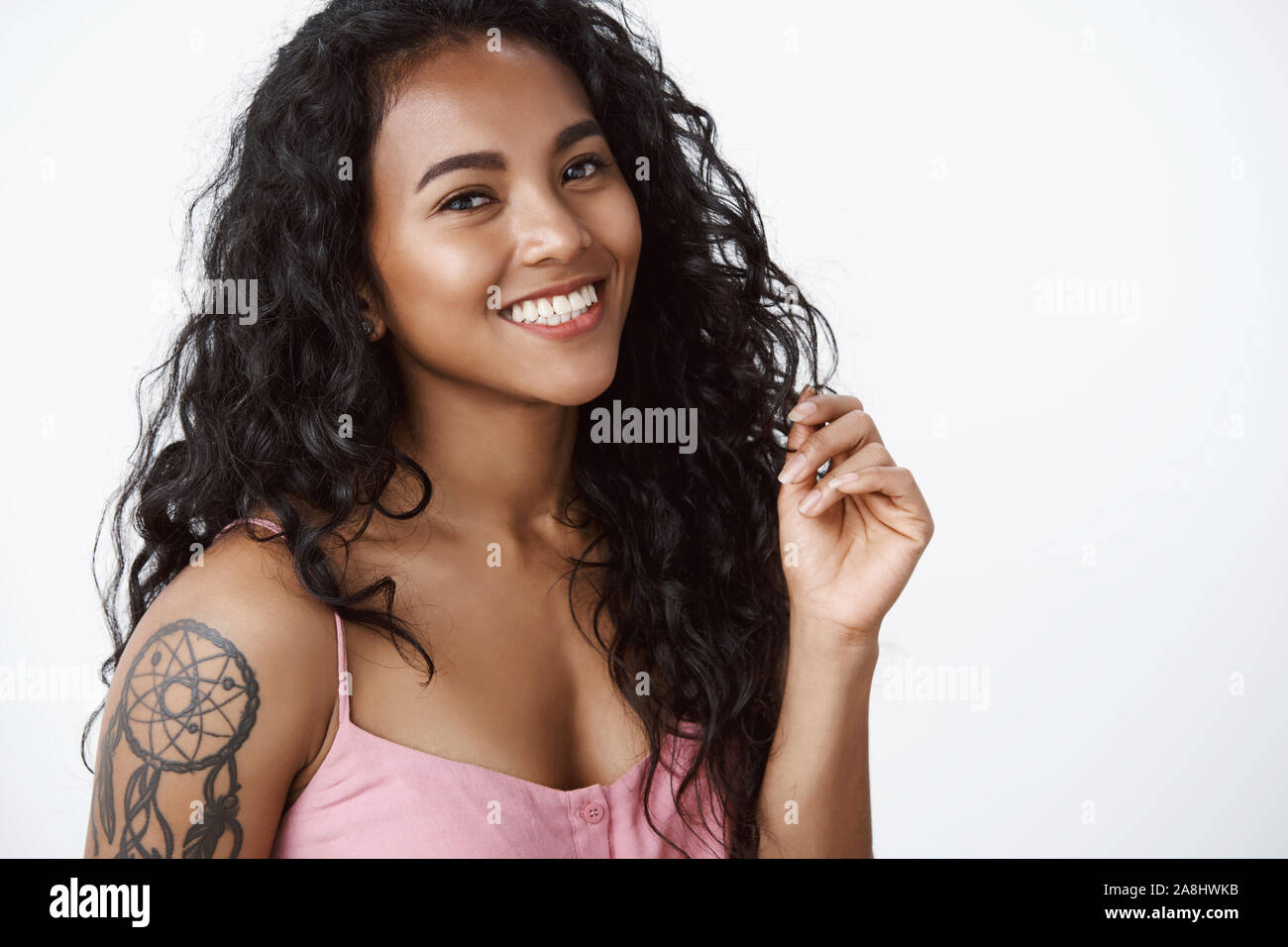 Closeup Attractive Grateful Charming Africanamerican Curlyhaired Girl  with Tattoos Hold Hands in Pray Smiling Toothy Stock Image  Image of  expression female 164046299