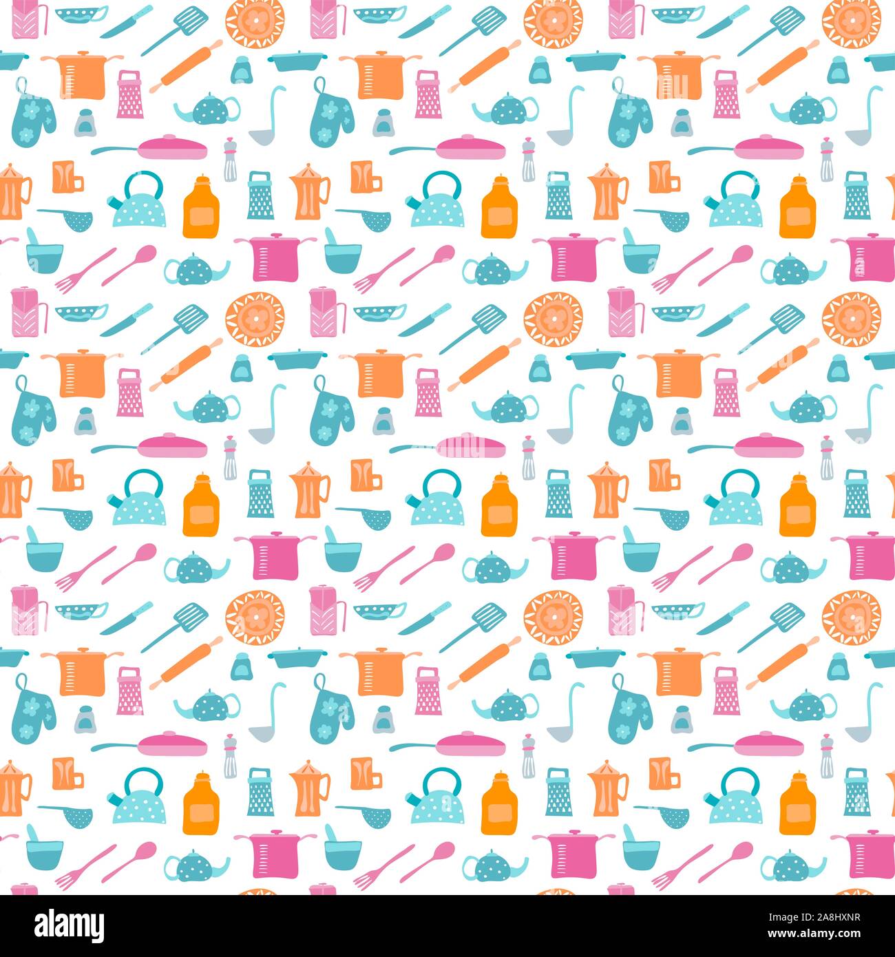 Vector Seamless pattern with kitchen items in retro style. Stock Vector