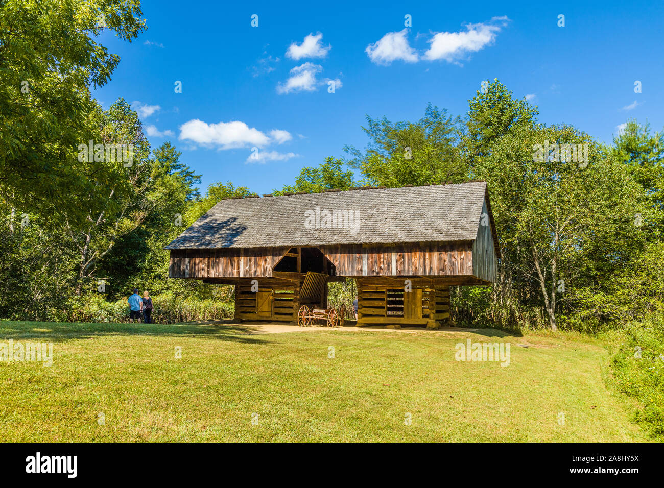 Cantilever barn at the Tipton house  in Cades Cove in the Great Smoky Mountains National Park in Tennessee in the United States Stock Photo