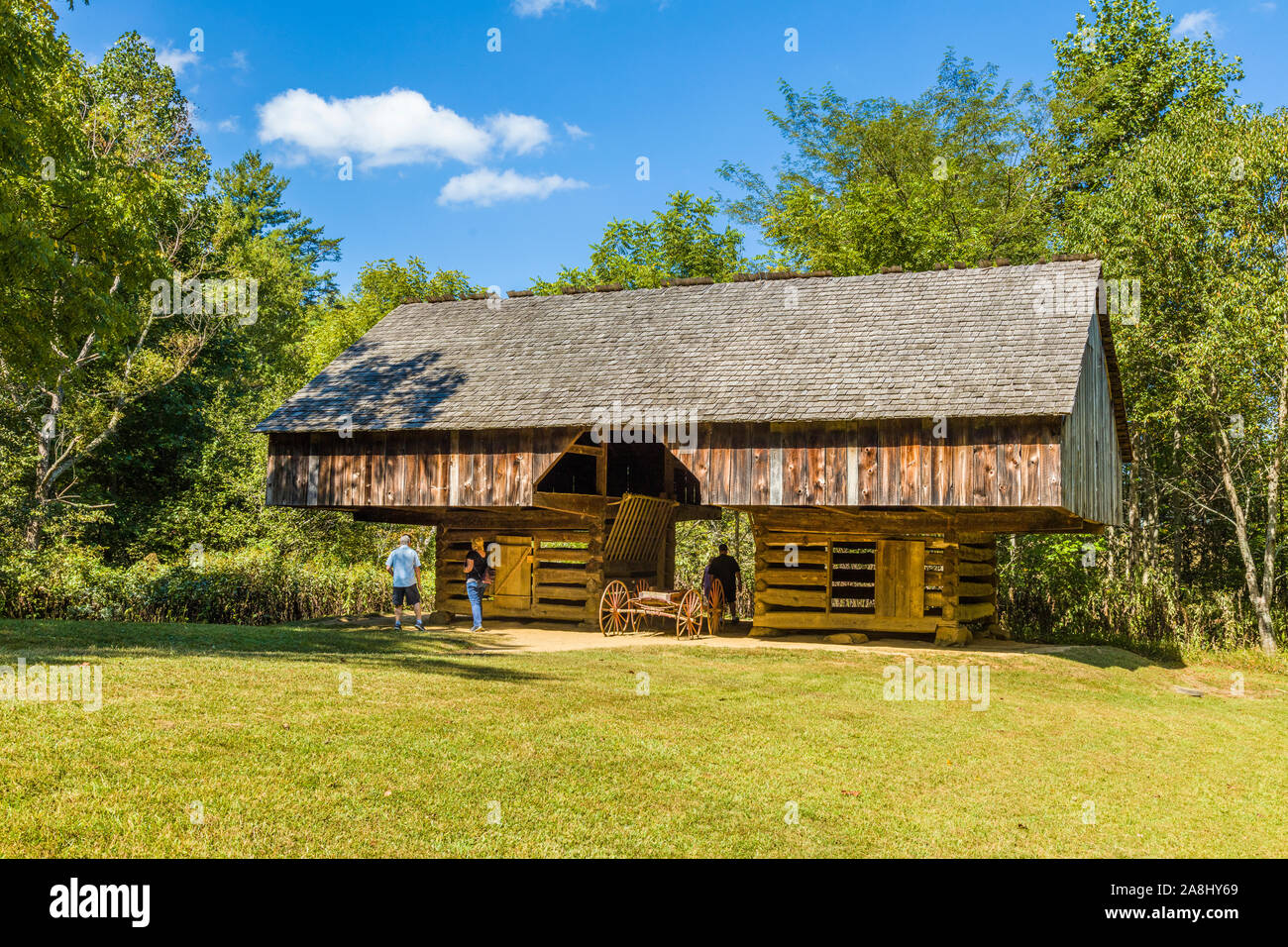 Cantilever barn at the Tipton house  in Cades Cove in the Great Smoky Mountains National Park in Tennessee in the United States Stock Photo