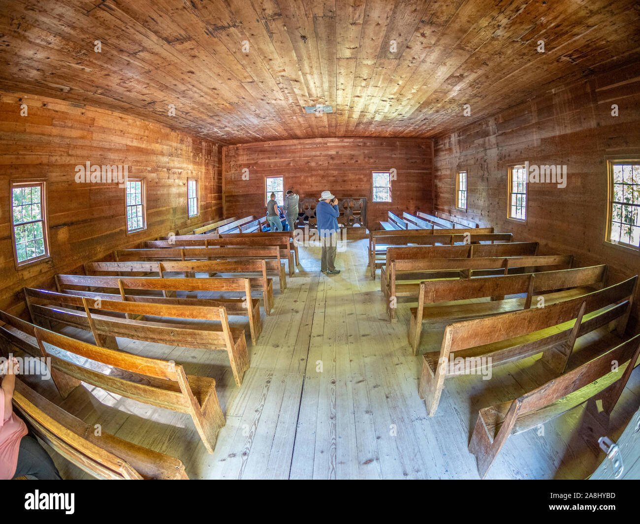 Interior of  Cades Cove Primitive Baptist Church in Cades Cove in the Great Smoky Mountains National Park in Tennessee in the United States Stock Photo